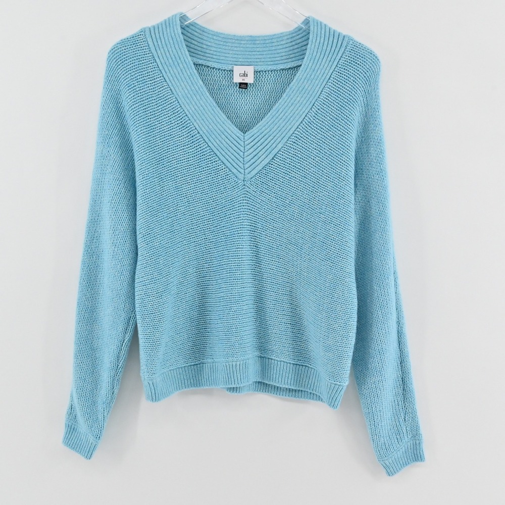 Cabi Frosty Blue Sweater Womens Size XS 4282 Shaker Knit V-Neck Cotton Pullover